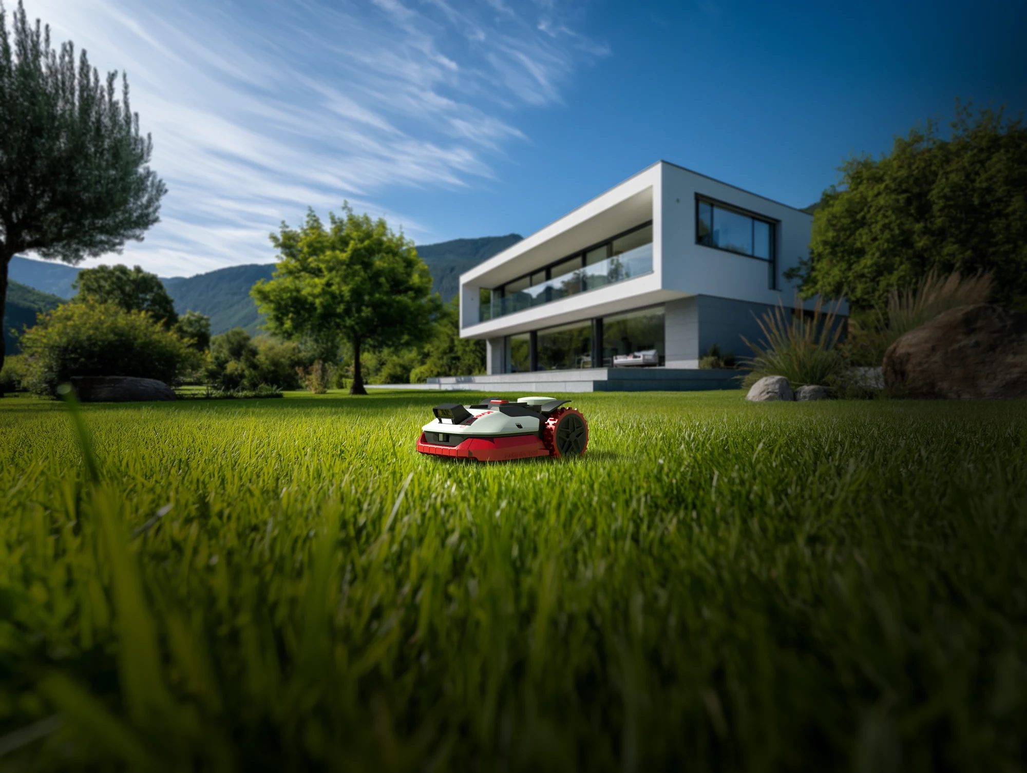 Robotgräsklippare från Kress på en välskött gräsmatta vid ett modernt hus